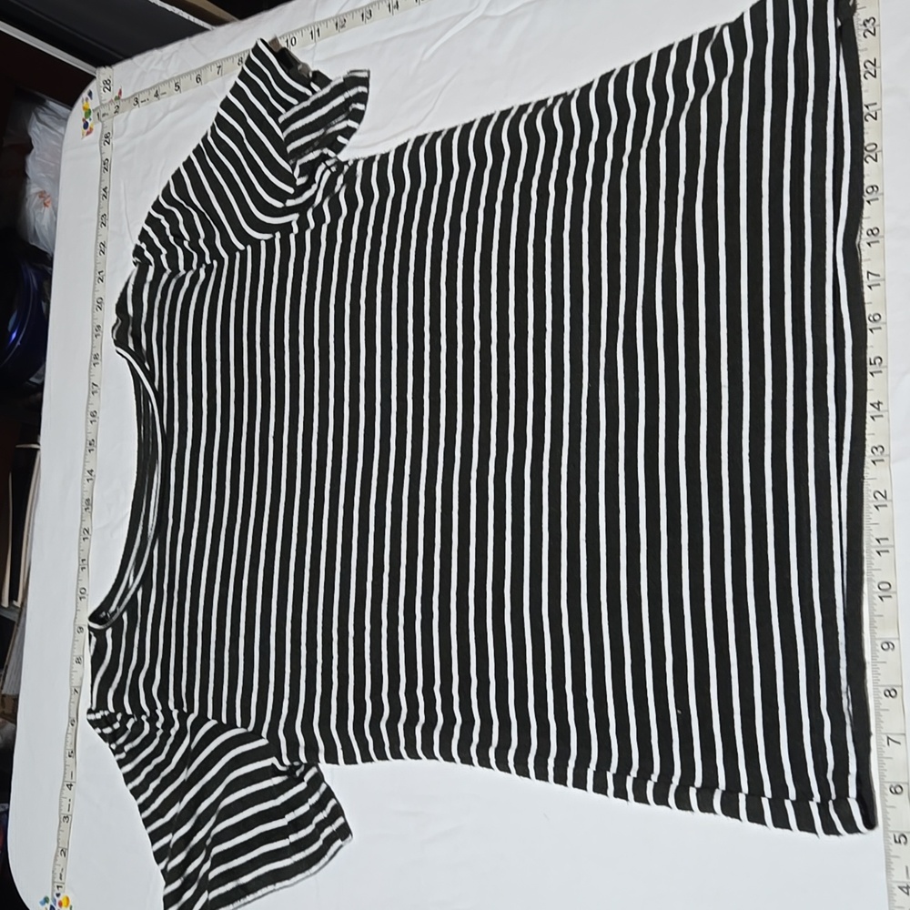 LOFT Black (Or Olive Green) and White Striped Short Pucker Sleeve Tee Like New